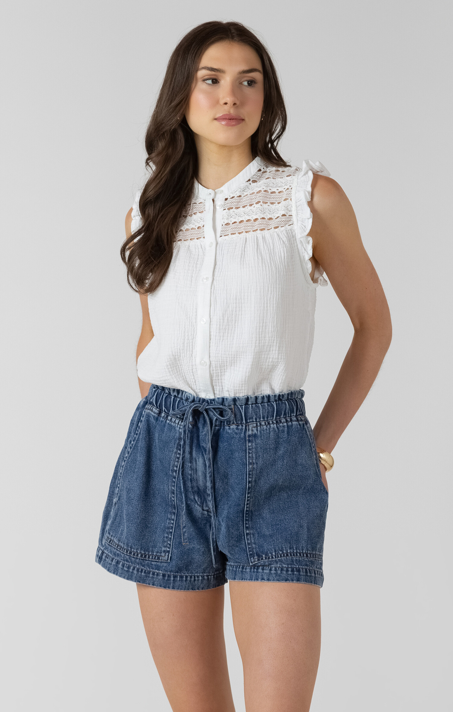 Lace Yoke Button Blouse - Clothz