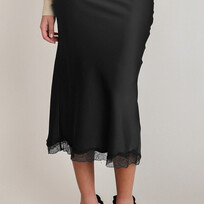 Dex Satin Lace Trim Midi Skirt – Black