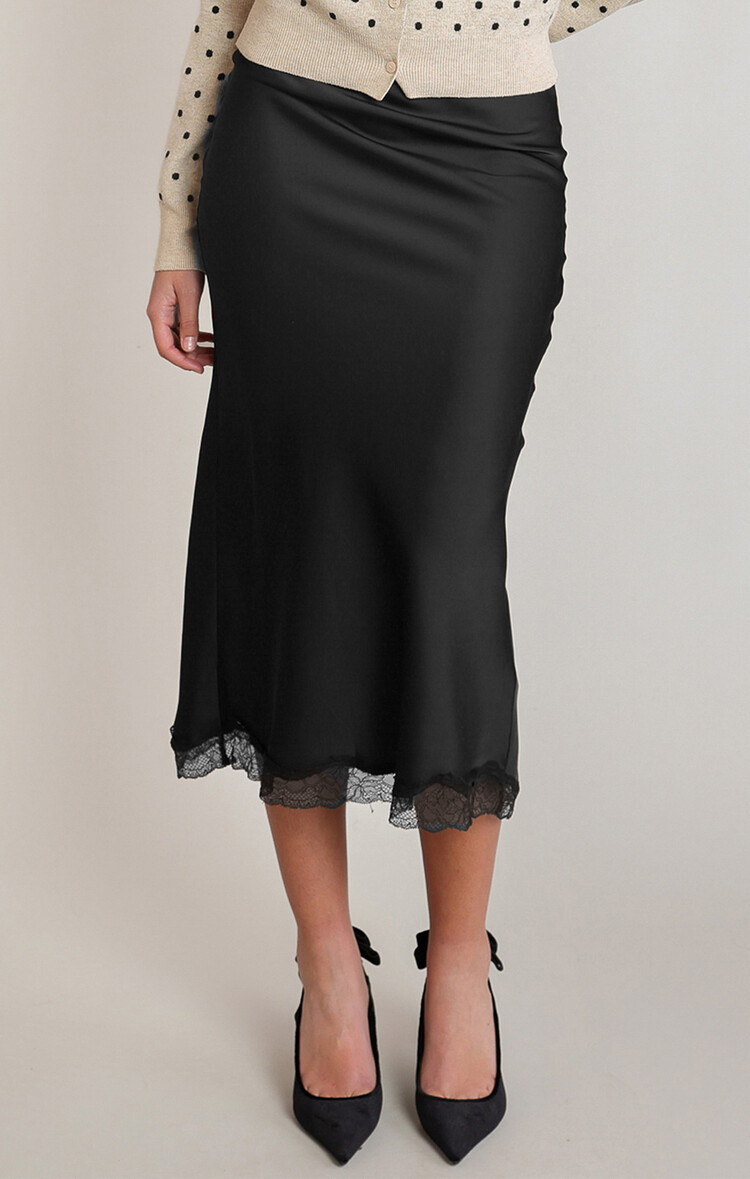 Dex Satin Lace Trim Midi Skirt – Black