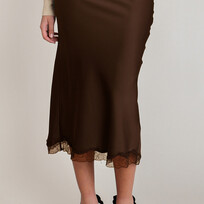 Dex Satin Lace Trim Midi Skirt – Chocolate
