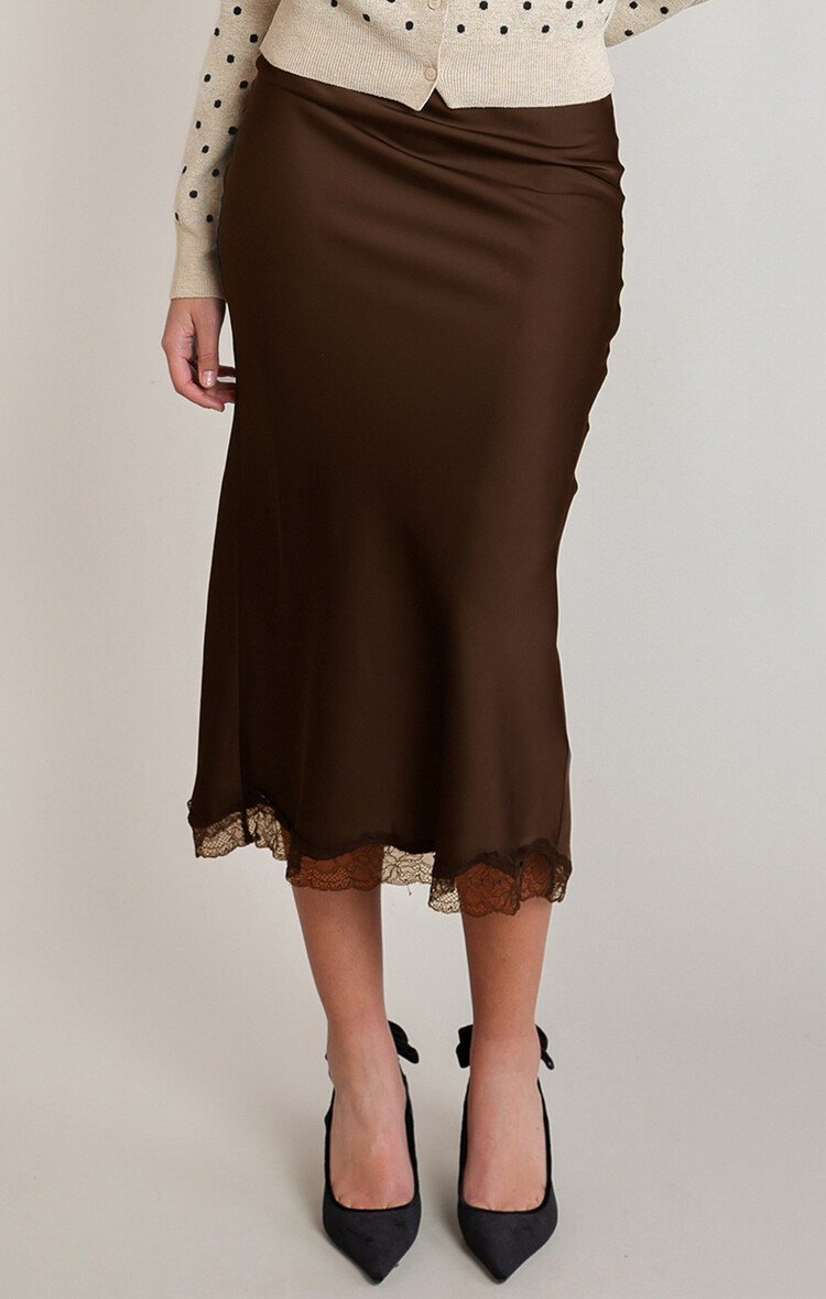 Dex Satin Lace Trim Midi Skirt – Chocolate