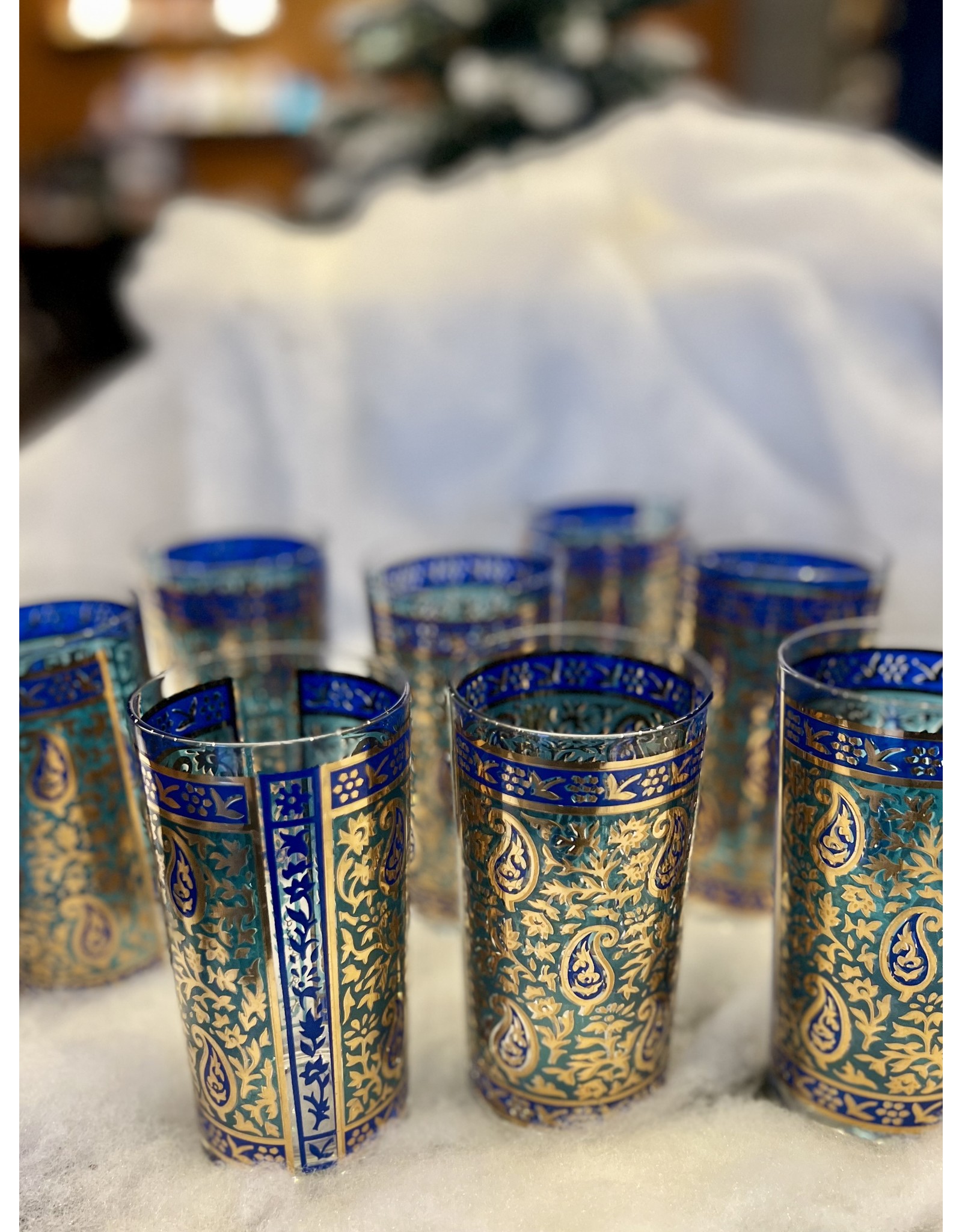 Mid Century Modern 8 Georges Briard Sari Blue Paisley Highball Glasses Set  of 8