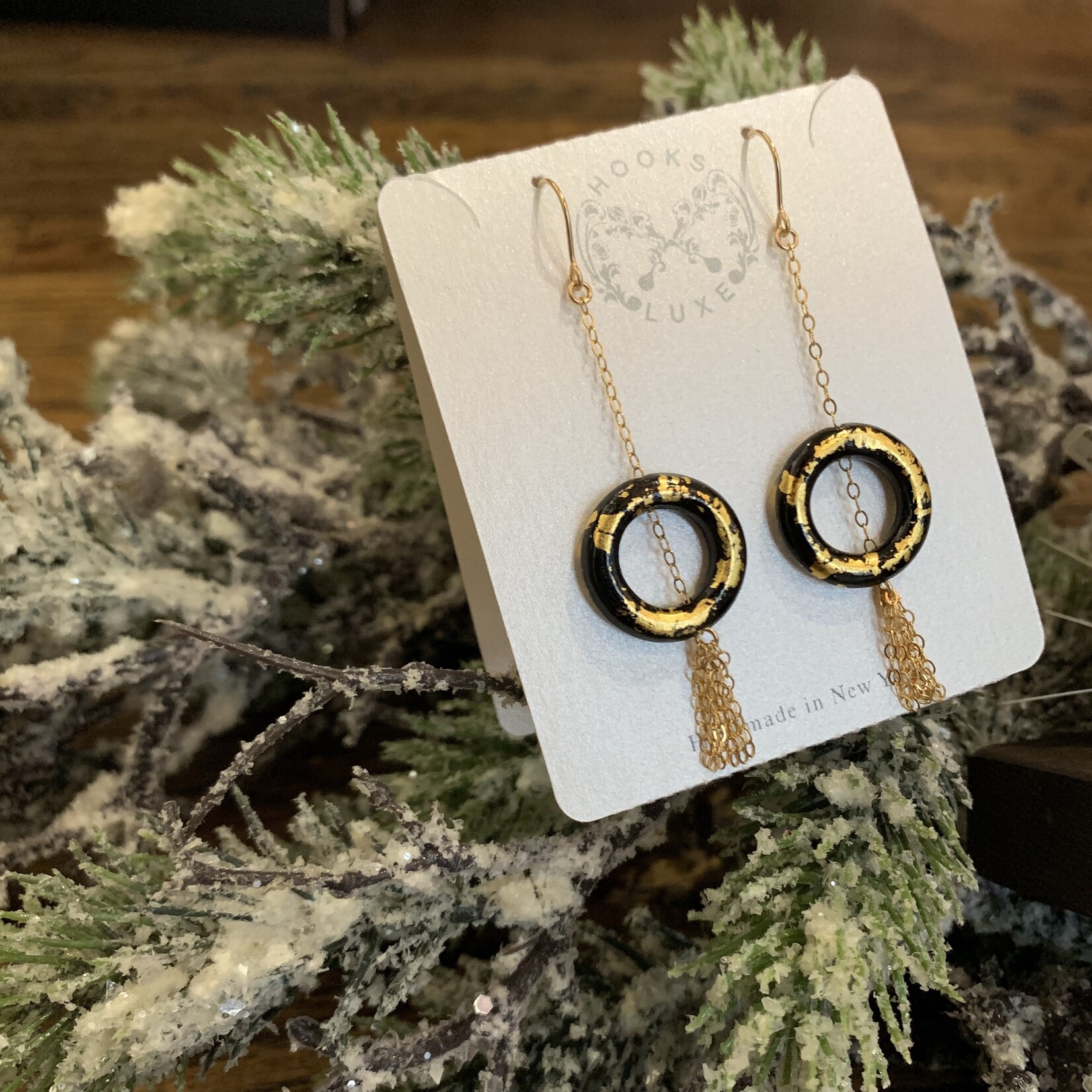 Hooks & Luxe Gold Leaf Earrings-Ring & Tassel- Black