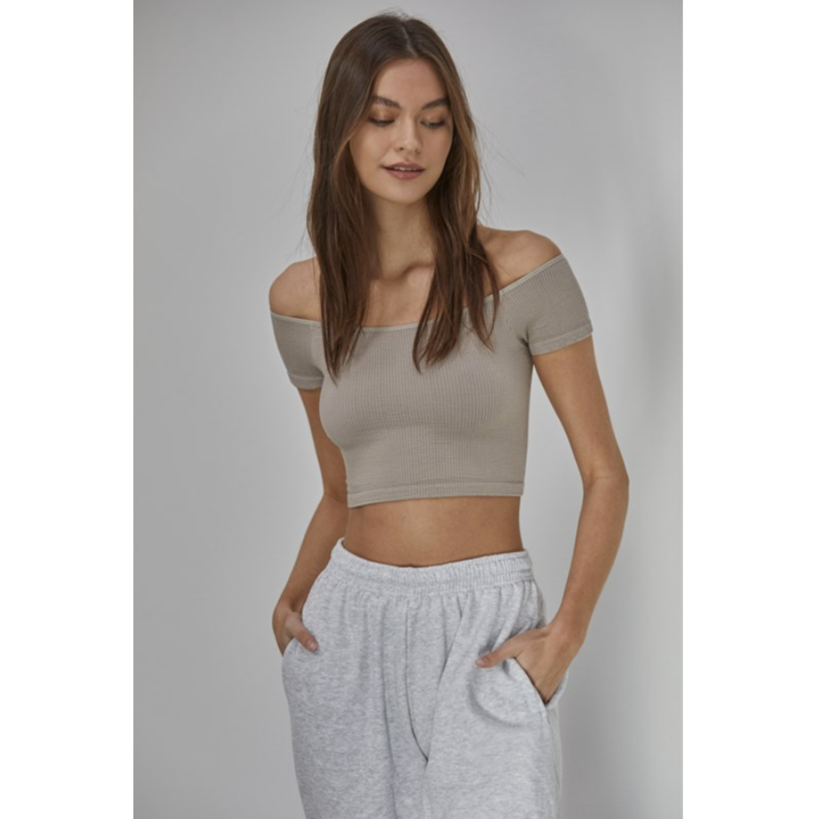 By Together Lilly Off-Shoulder Ribbed Crop-Burnt Taupe