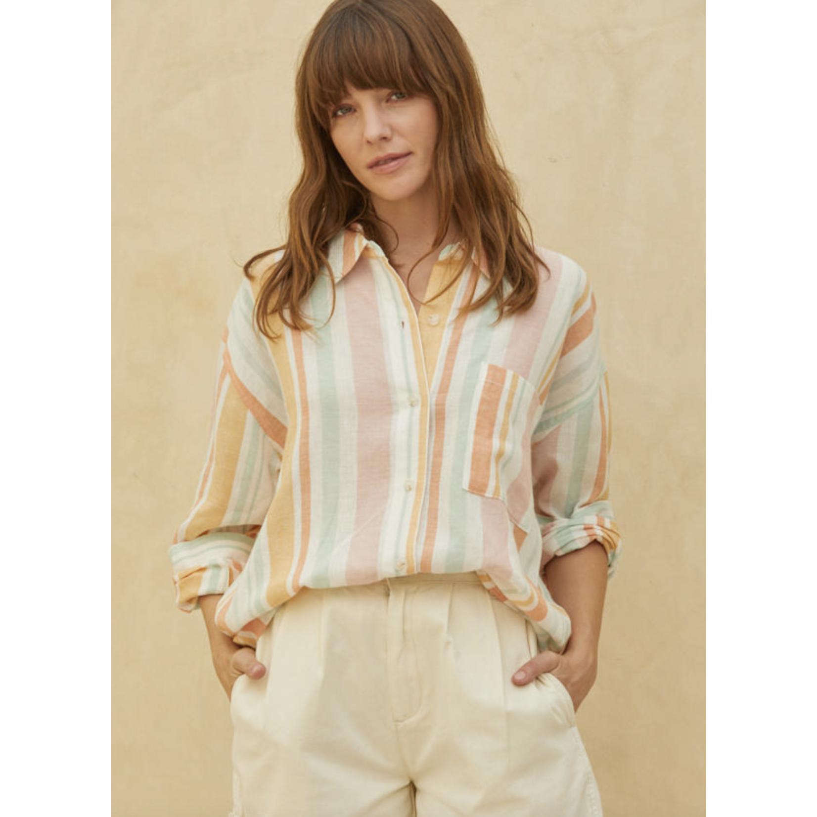By Together Lolly Stripe Button Down-Ivory Multi