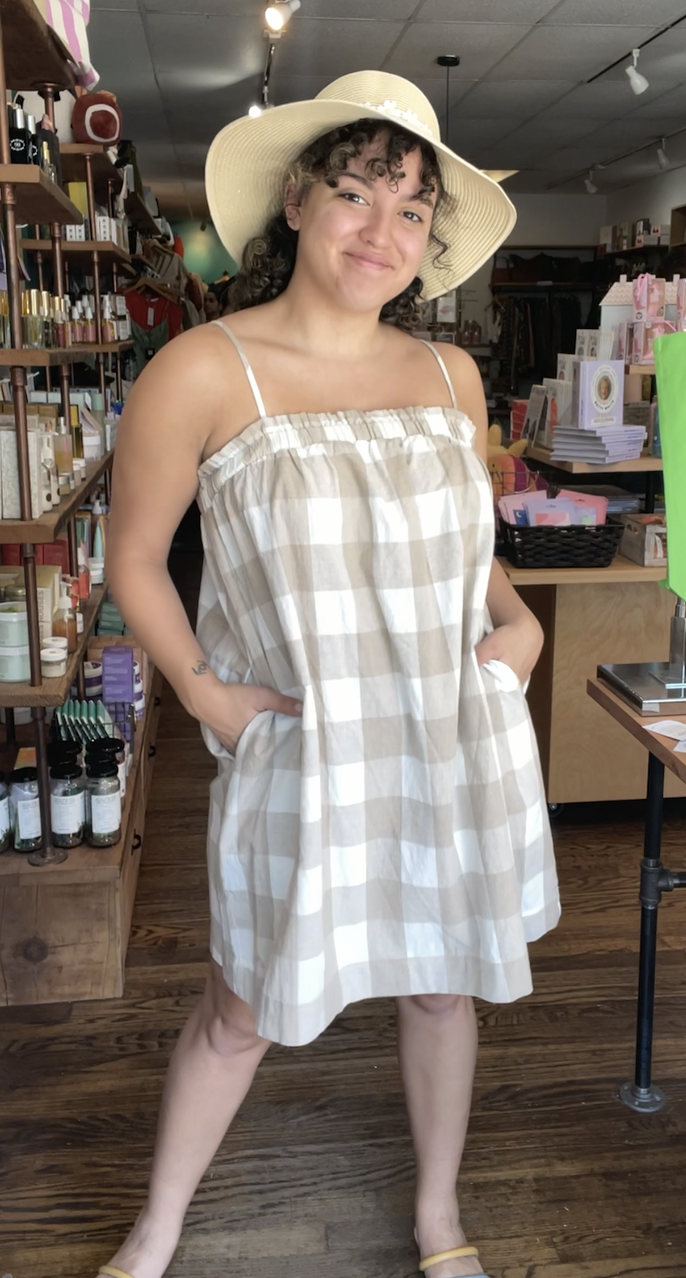 Gingham Mini Dress-Natural