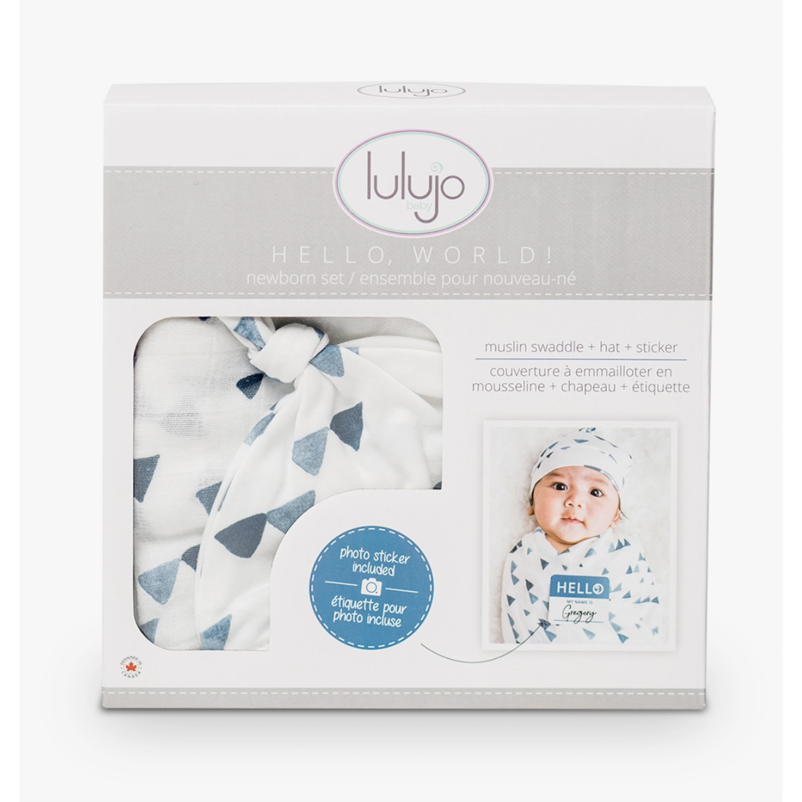 Lulujo Hello World Blanket & Knotted Hat Set - Navy Triangles