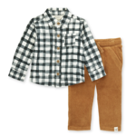 Burt's Bees Gingham Button Down Top & Raised Ribbed Pant Set- Beaver