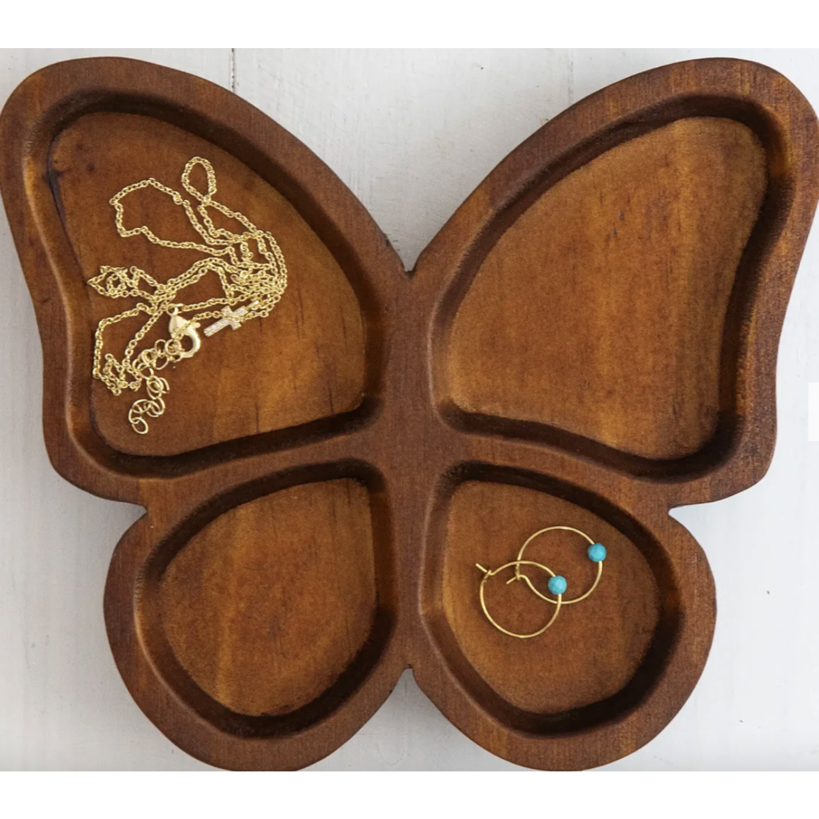 Natural Life Carved Wood Trinket Dish-Butterfly