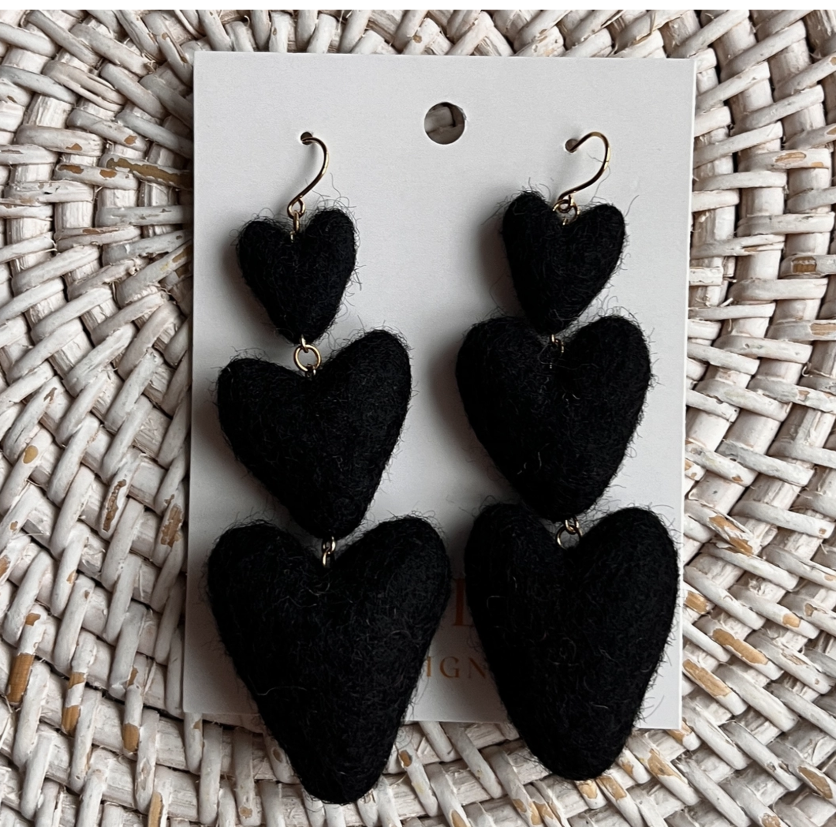Honey Loom Designs Three Tiered Heart Felt Dangle Earrings Black