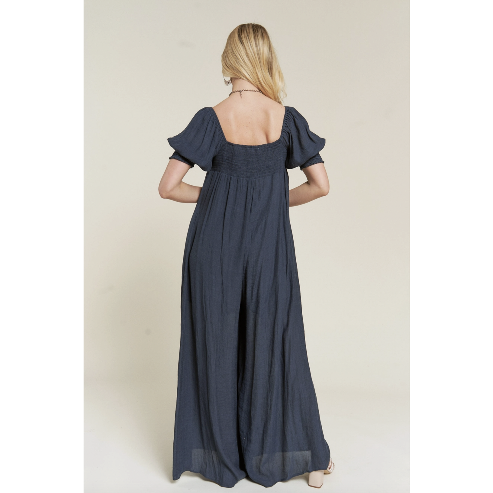 Jade by Jane SMOCKED NECK WIDE LEG JUMPSUIT-Navy FINAL SALE