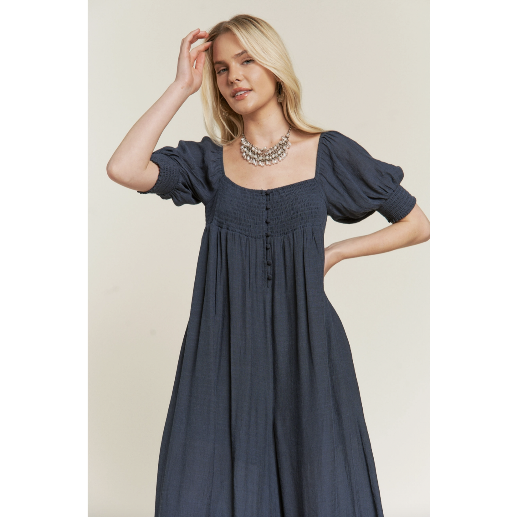 Jade by Jane SMOCKED NECK WIDE LEG JUMPSUIT-Navy FINAL SALE
