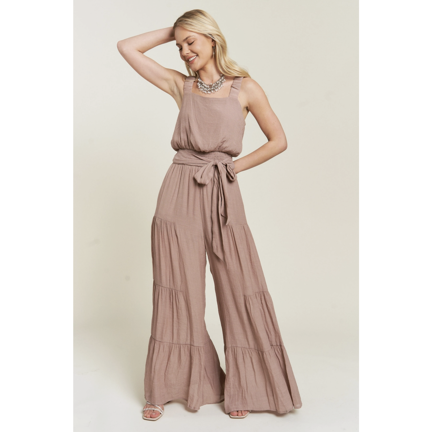 Jade by Jane ELASTIC STRAP TIERED JUMPSUIT-Taupe