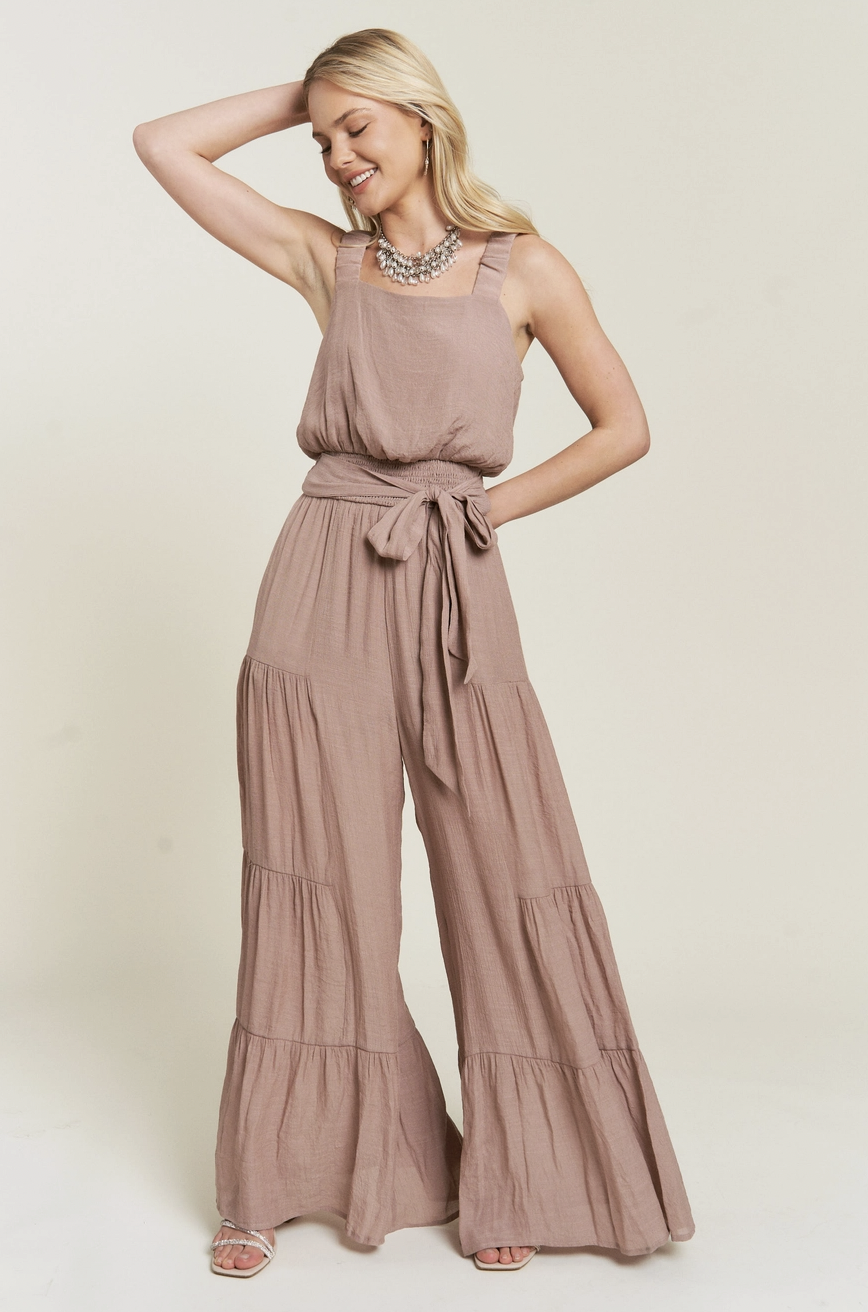 ELASTIC STRAP TIERED JUMPSUIT-Taupe - The Brass Owl