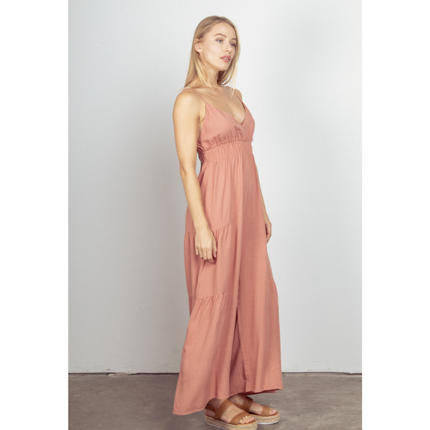Very J Solid Woven Wide Leg Jumpsuit-Blush