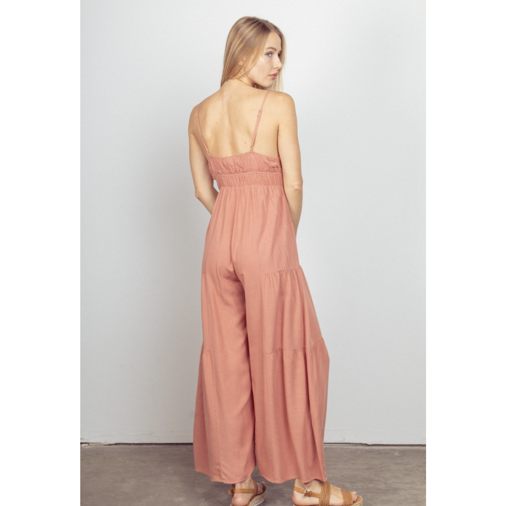 Very J Solid Woven Wide Leg Jumpsuit-Blush