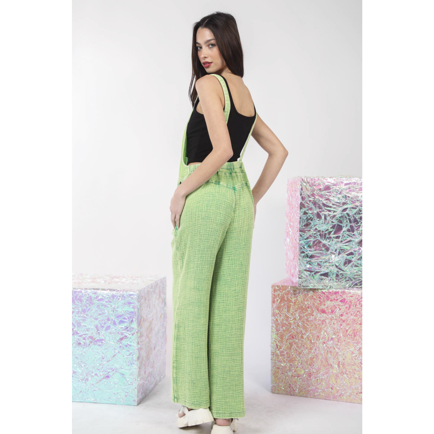 Very J Washed Gauze Casual Comfy Jumpsuit - Kelly Green