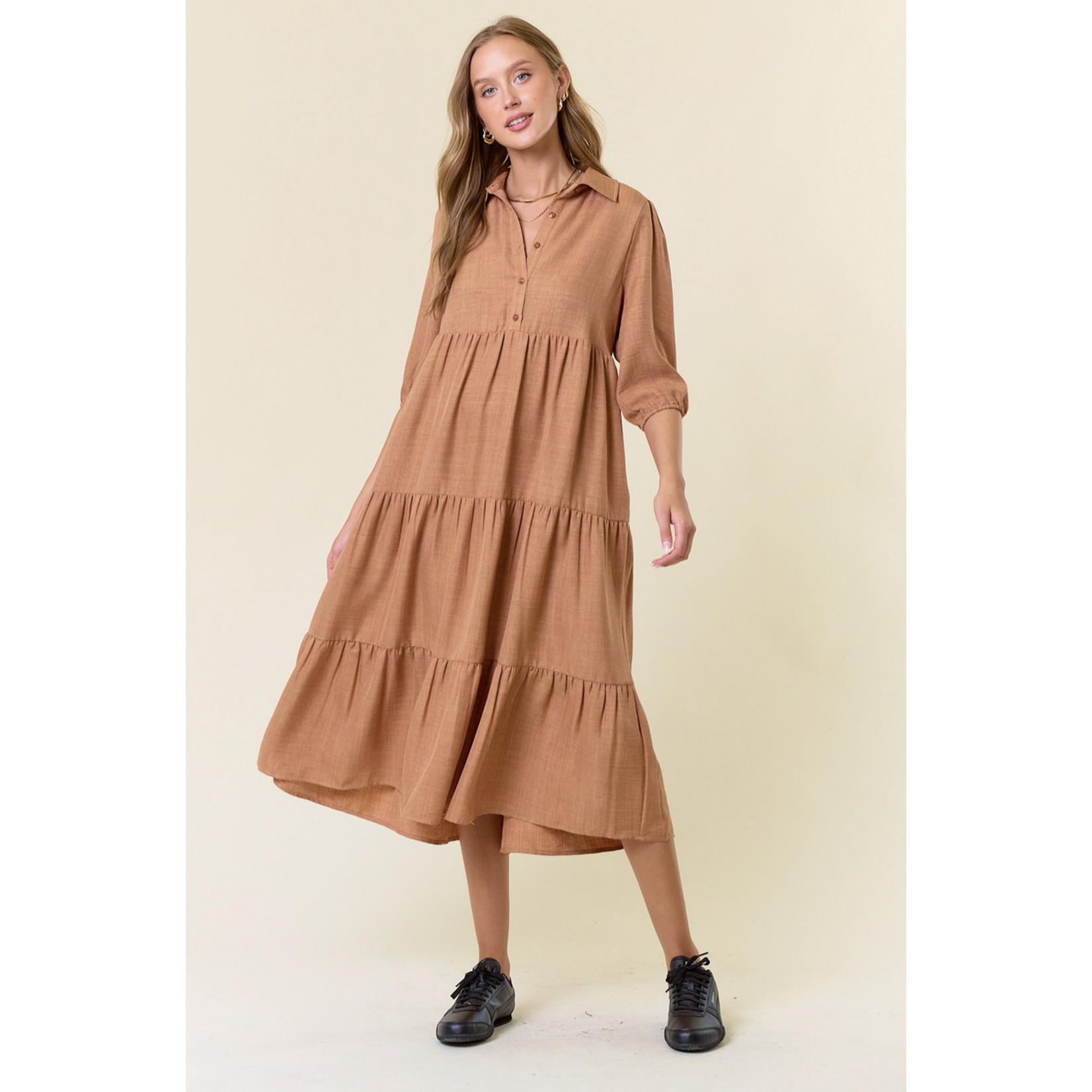 Doe and Rae Half Button 3/4 Sleeve Midi Dress - CAMEL BROWN FINAL SALE