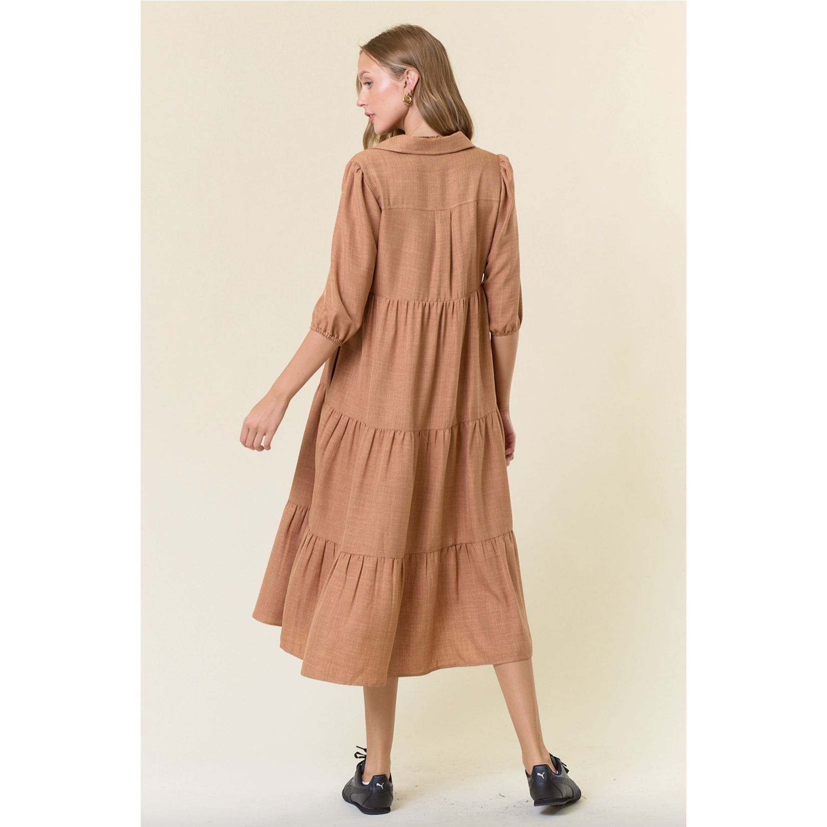 Doe and Rae Half Button 3/4 Sleeve Midi Dress - CAMEL BROWN FINAL SALE