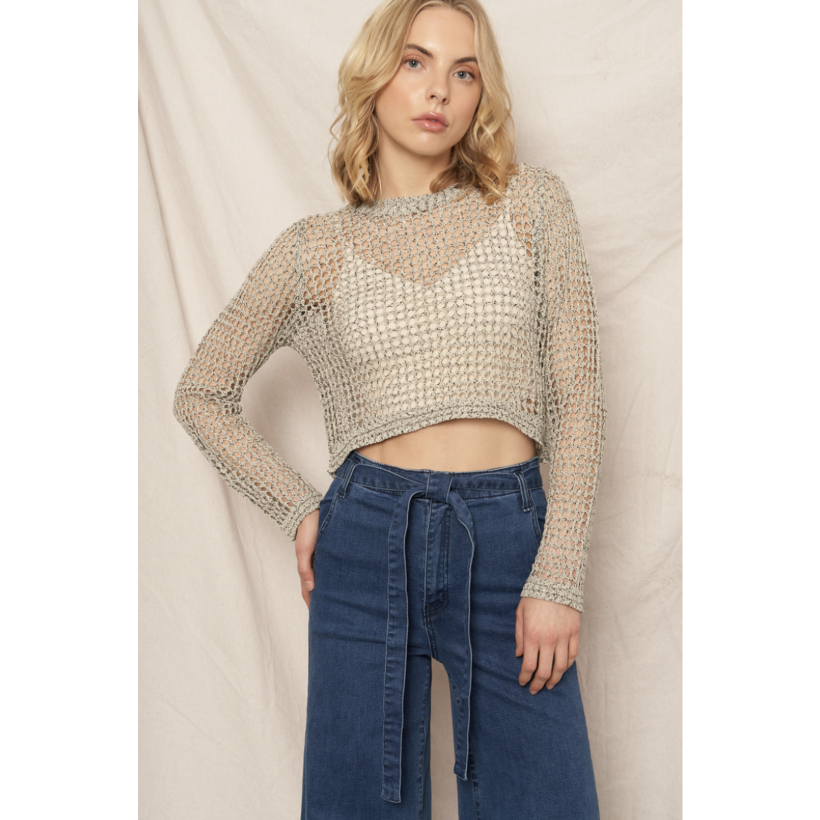 En Creme Wide Knit Sweater Top-Sage Grey