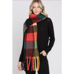 Hana Brushed Multi Color Plaid Fringe Winter Scarf Neon Orange/Teal