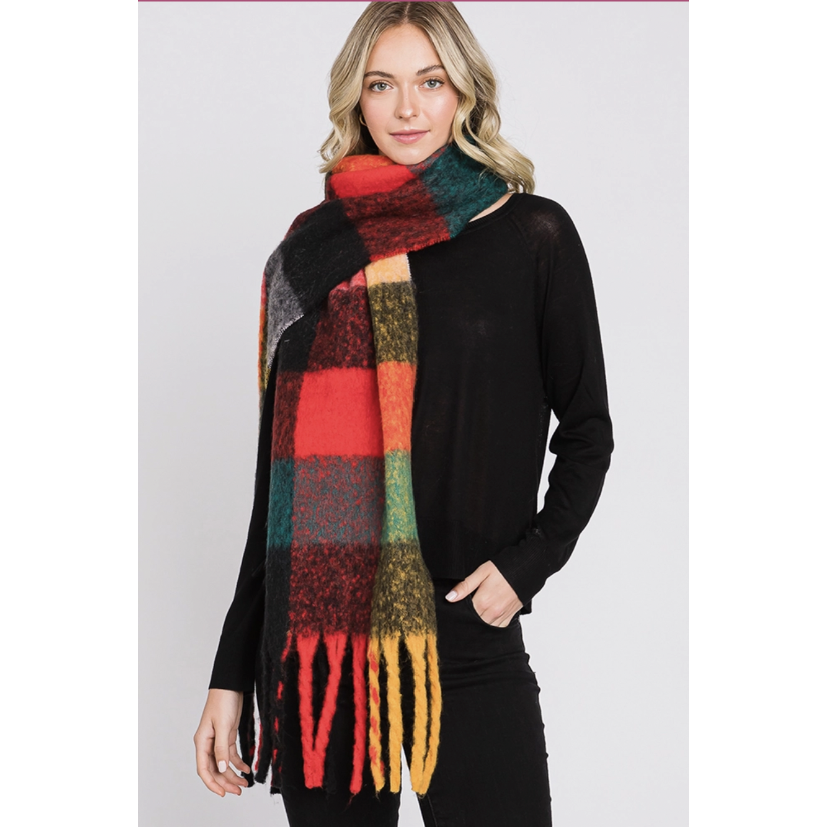 Hana Brushed Multi Color Plaid Fringe Winter Scarf Neon Orange/Teal
