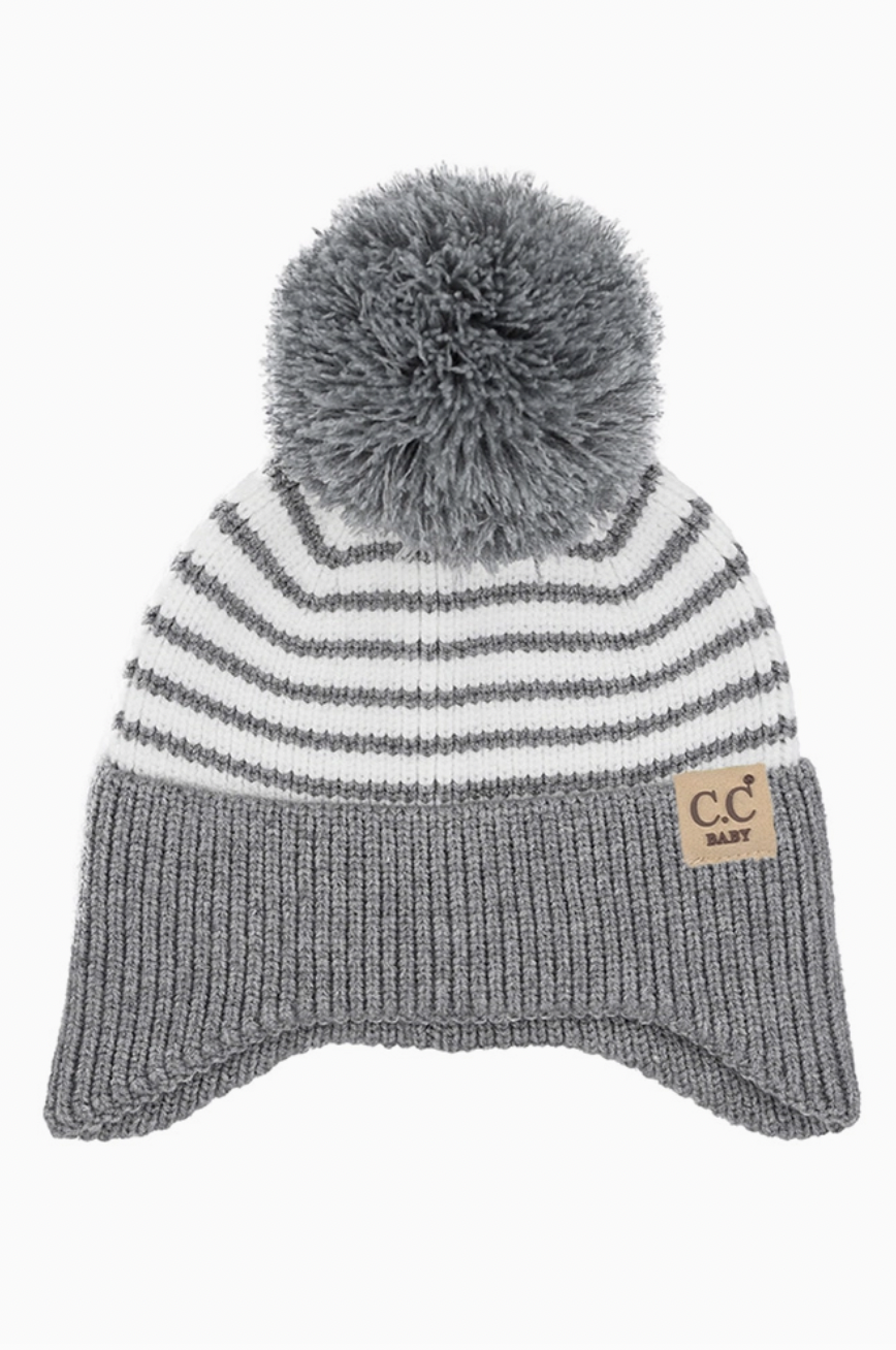 C.C Baby Stripe Earflap Yarn Pom Beanie Winter Hat Gray