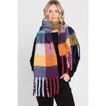 Hana Brushed Multi Color Plaid Fringe Winter Scarf  Blue/Yellow