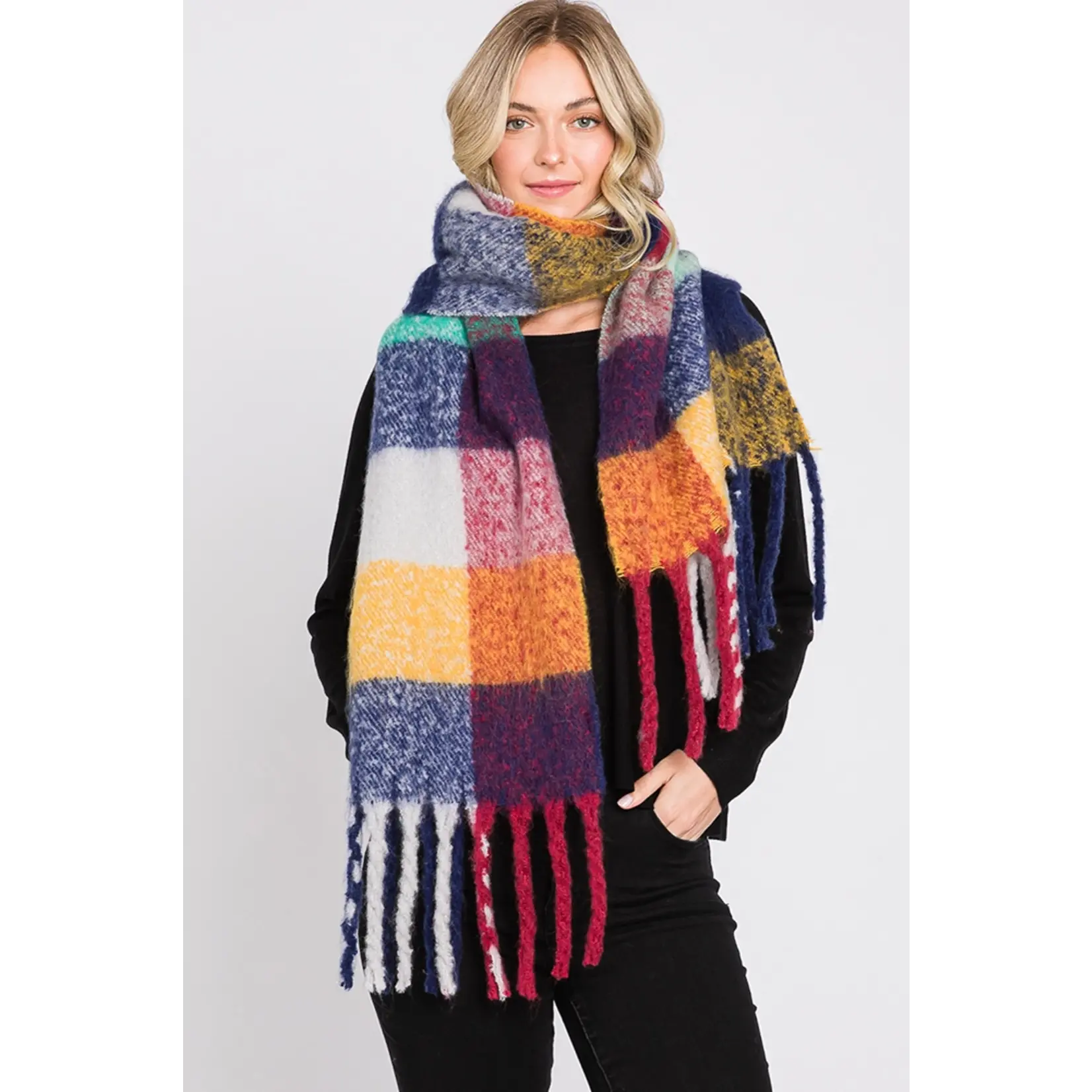 Hana Brushed Multi Color Plaid Fringe Winter Scarf  Blue/Yellow