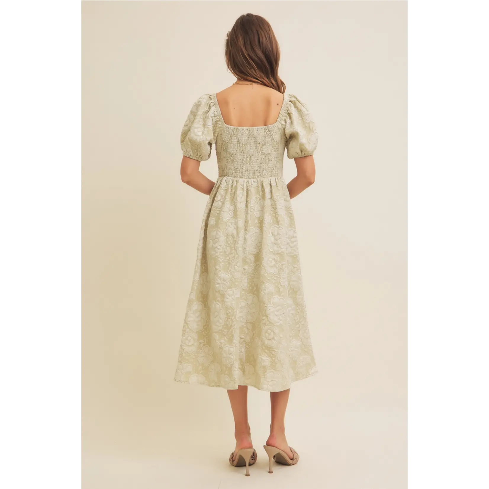 In February Jacquard Midi  w Puff Sleeves - Sage