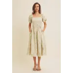 In February Jacquard Midi  w Puff Sleeves - Sage