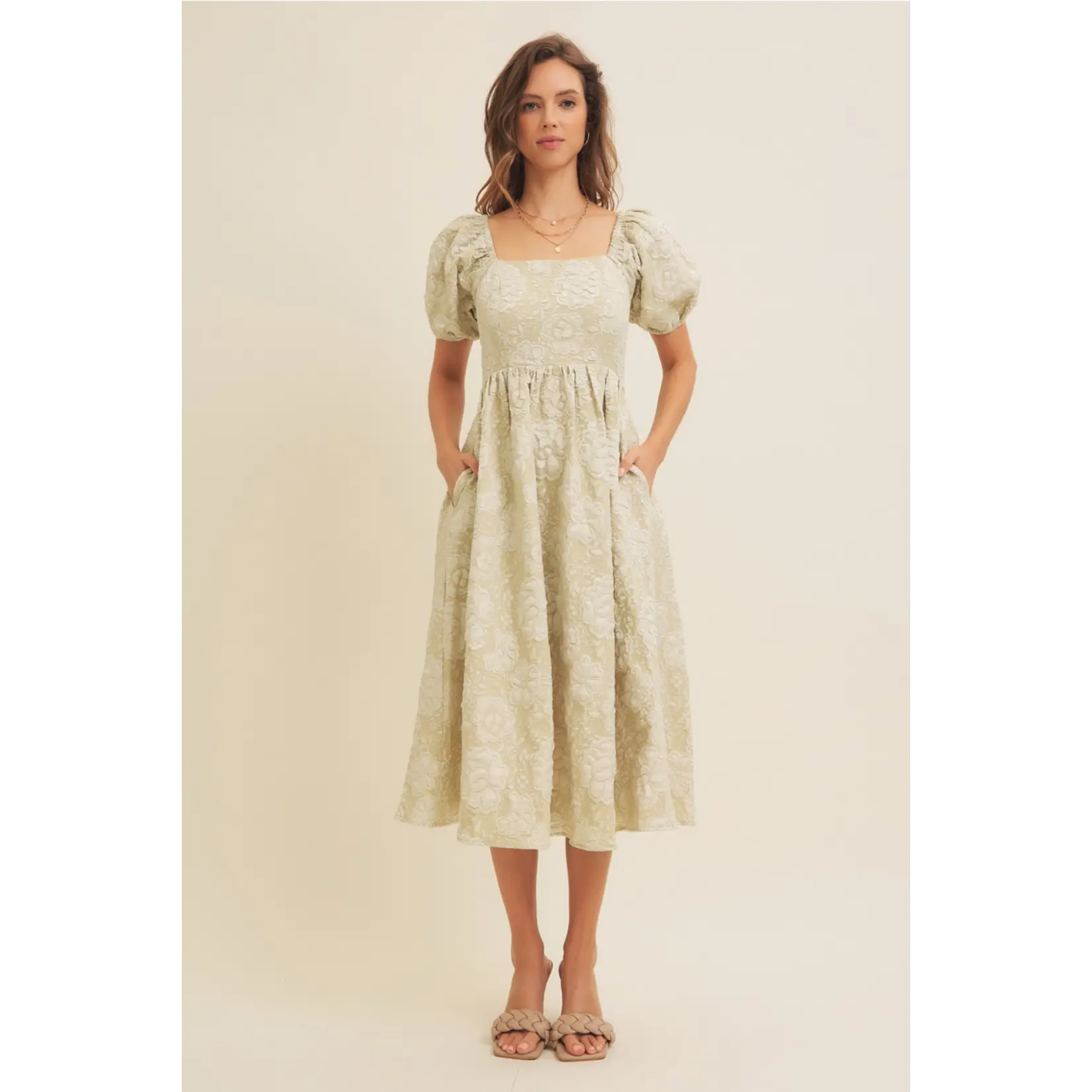 In February Jacquard Midi  w Puff Sleeves - Sage