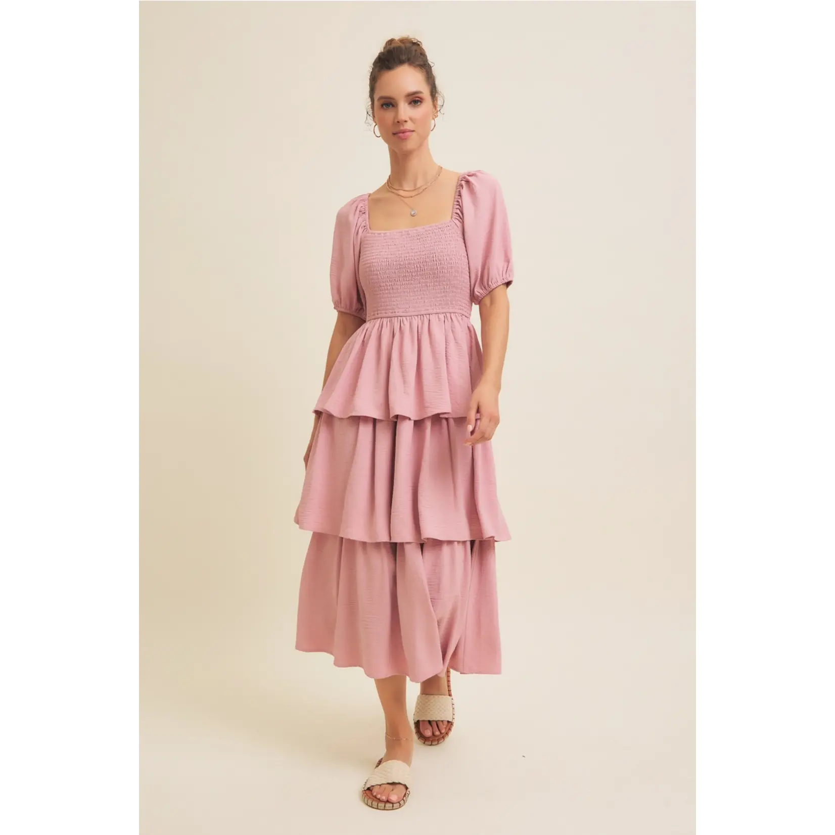 In February Square Neck Ruffle Midi - Dusty Pink