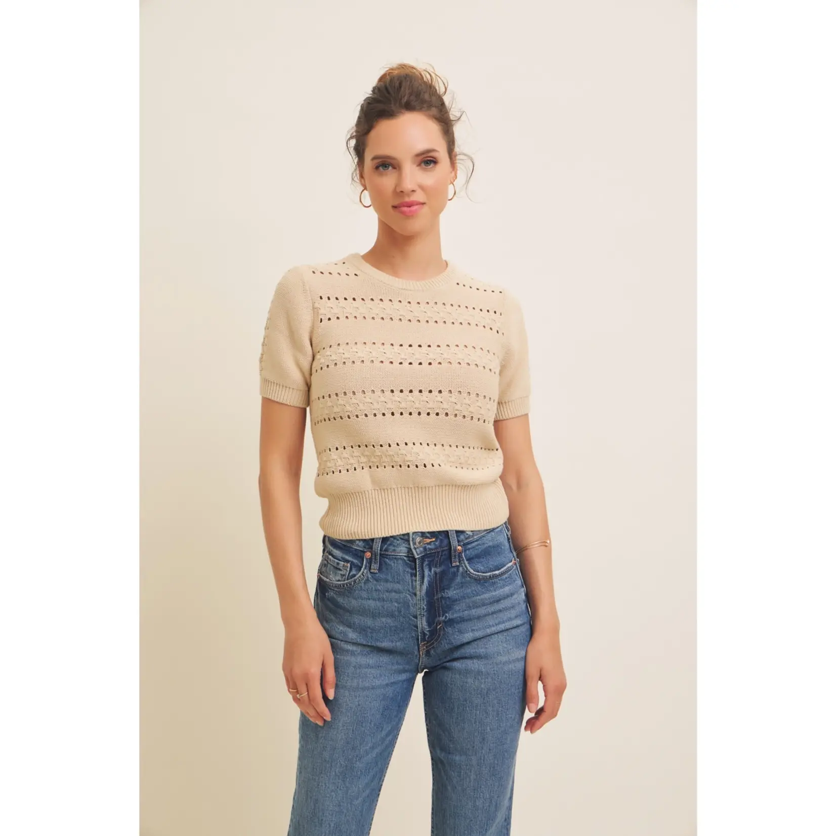 In February Pointelle Pullover Sweater-Beige