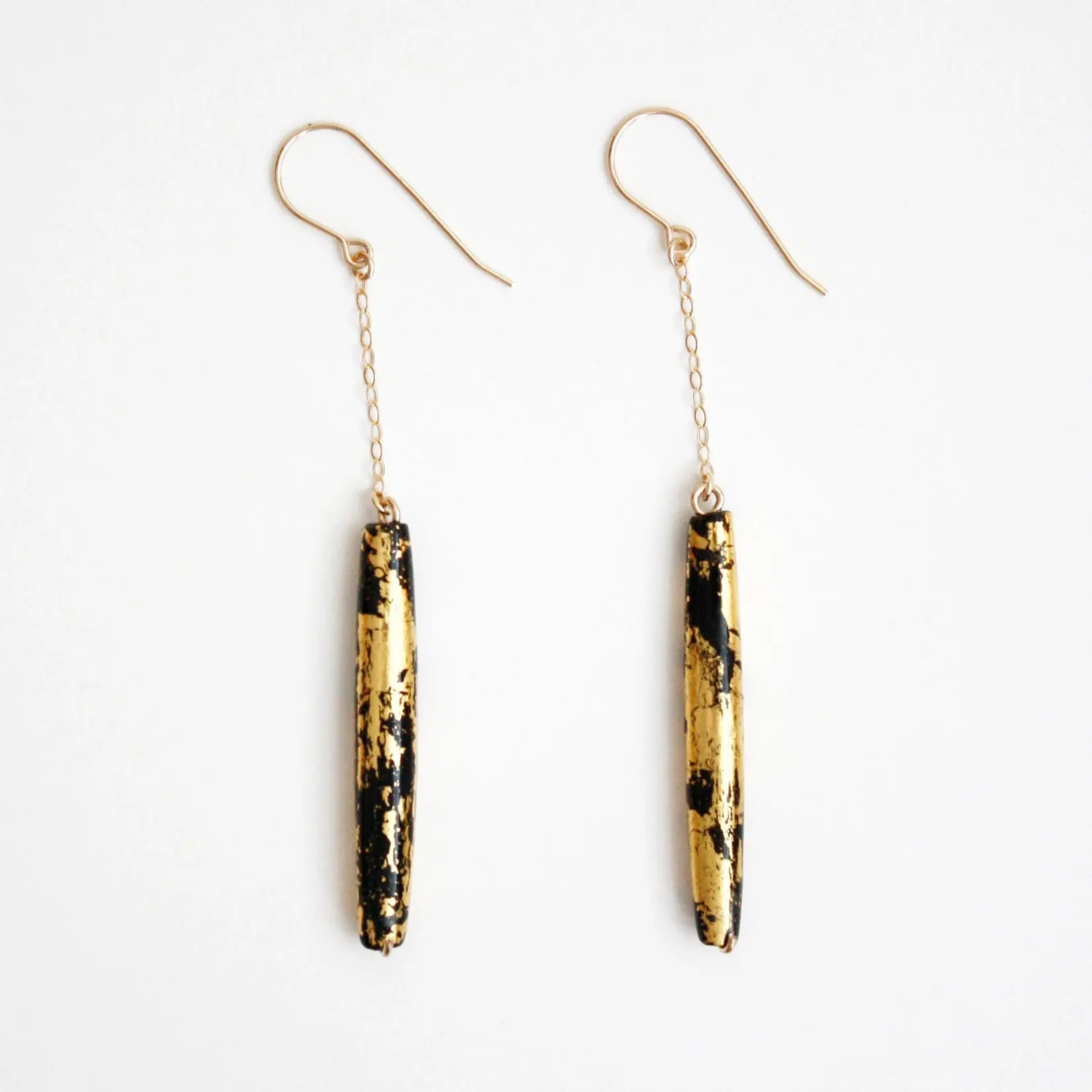 Hooks & Luxe Gold Leaf Earrings - Black Tube - Long