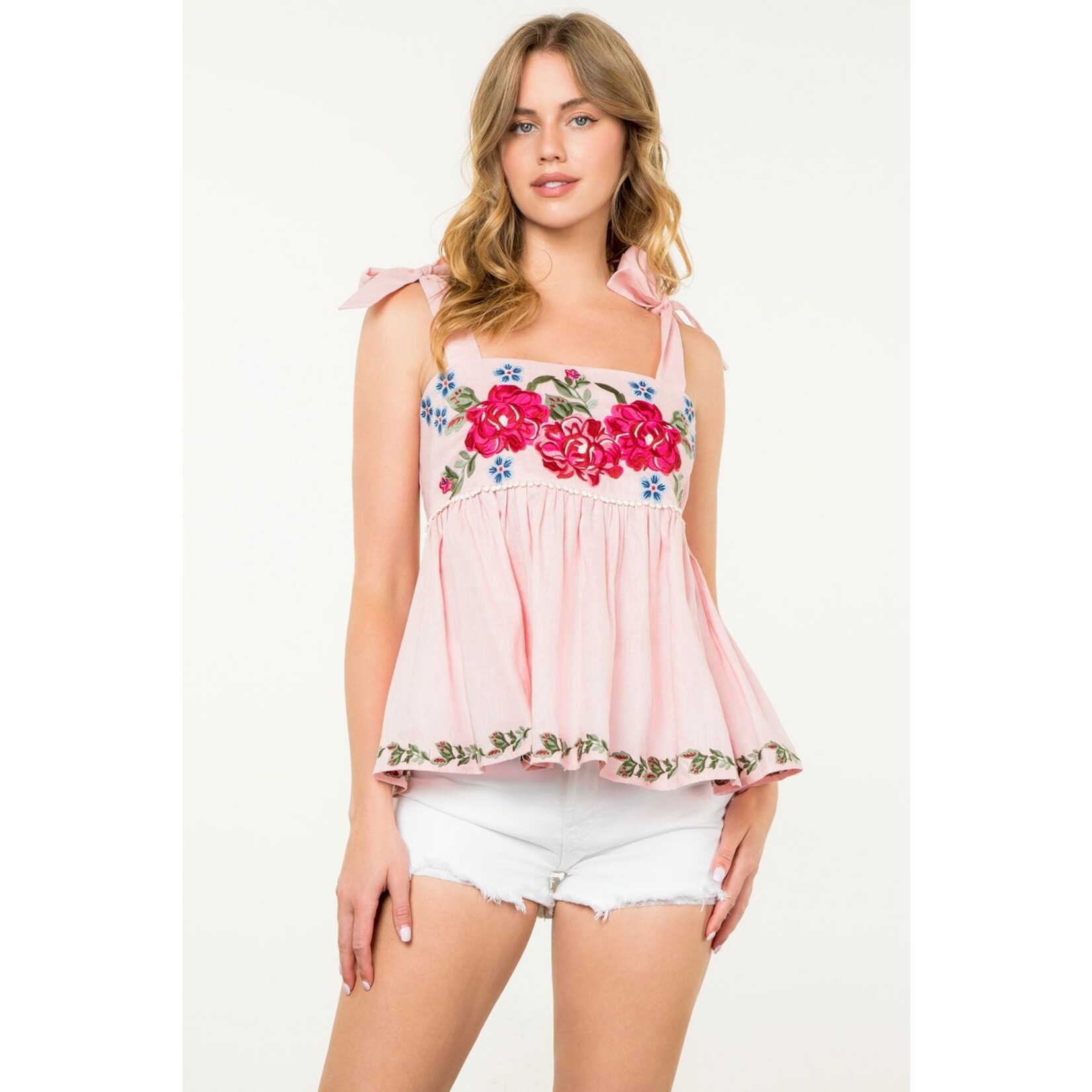 THML Flower Embroidered Top-Pink FINAL SALE