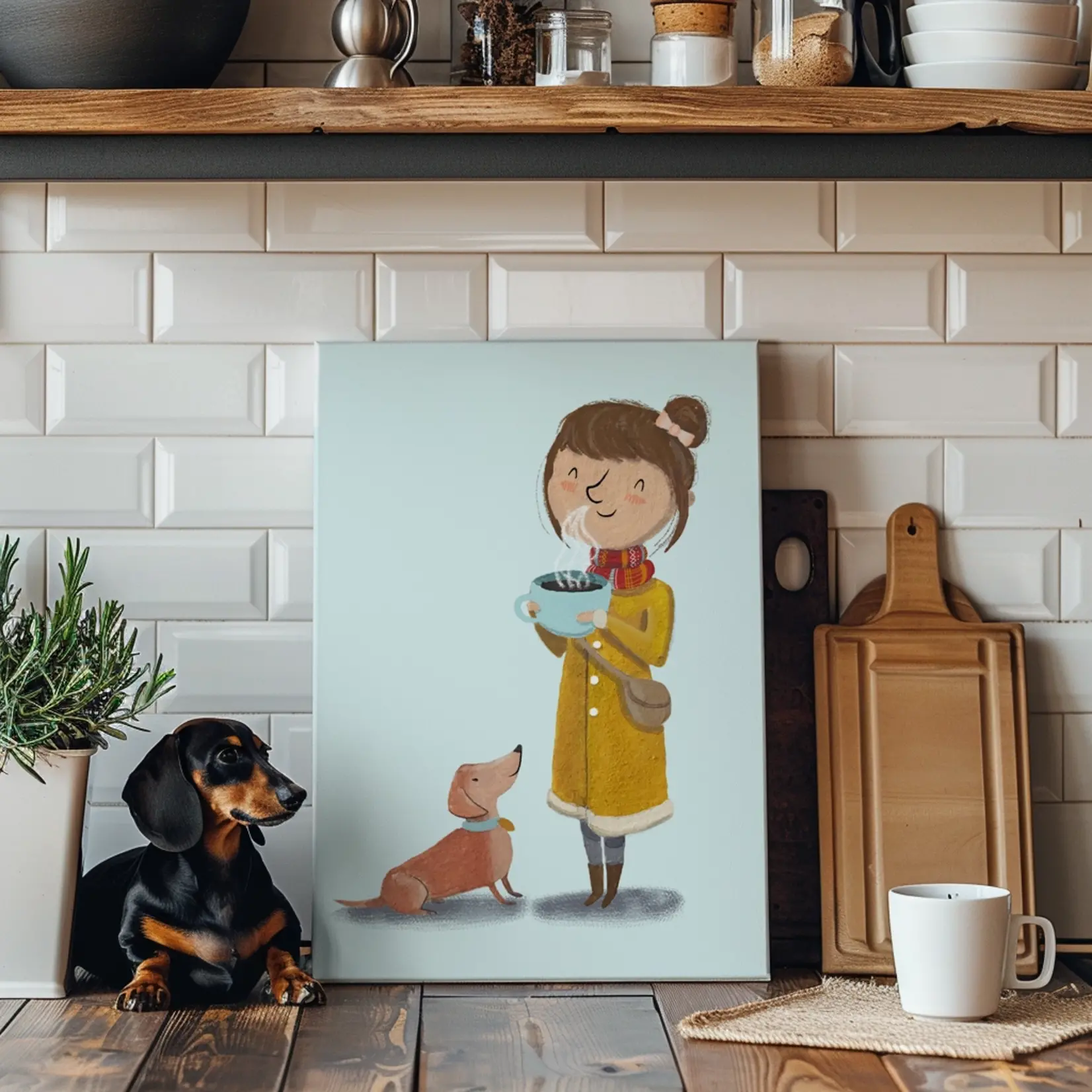Abbie Ren Girl Coffee and Dachshund Print
