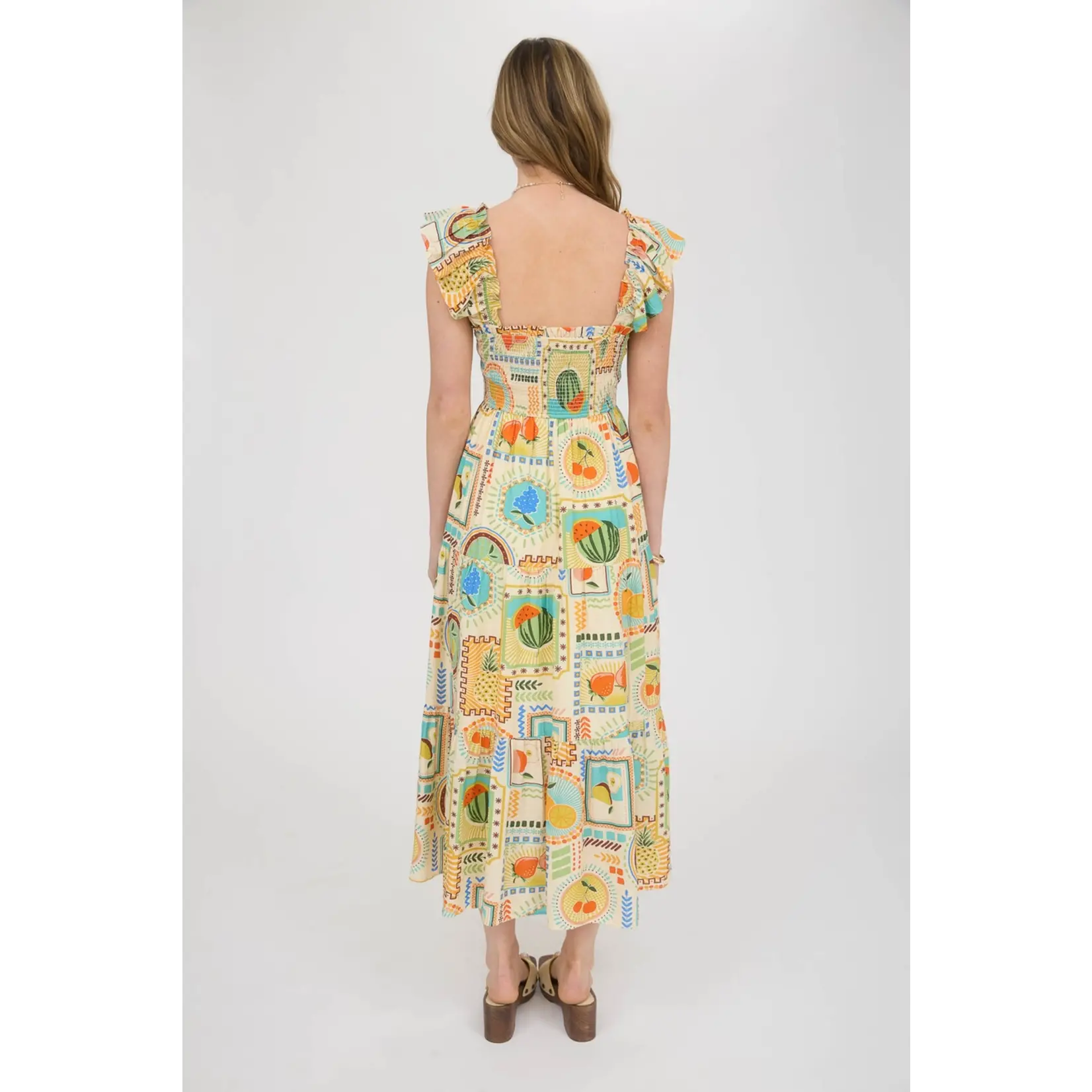 Blu Pepper Fruit Print Smocked Midi Dress