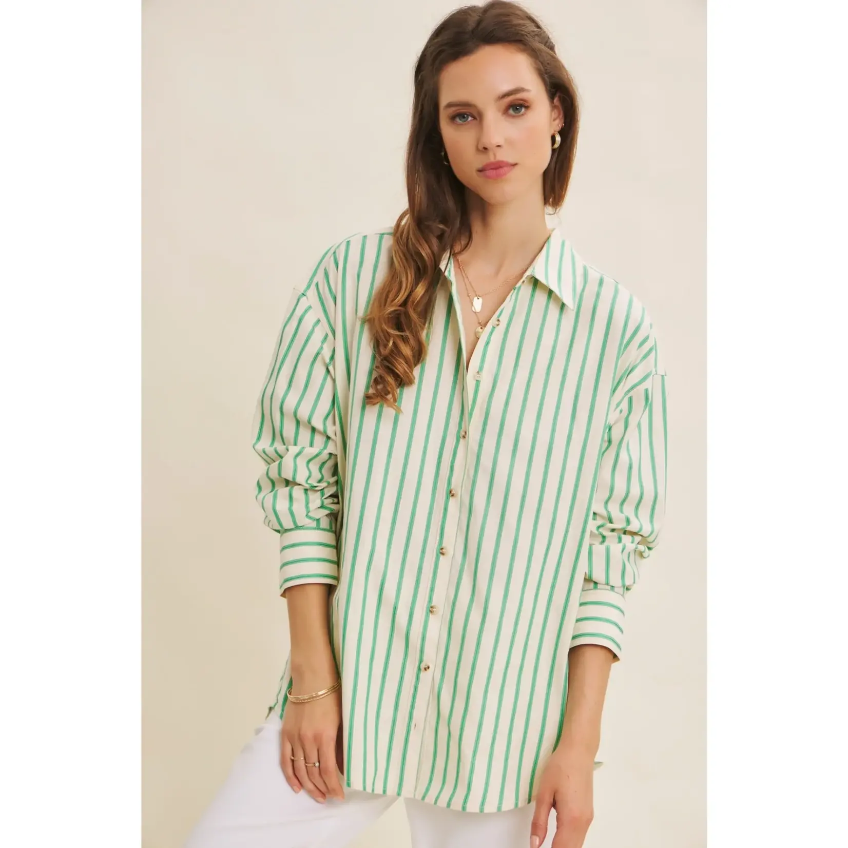 In February Bold Stripe Button Down-EMERALD GREEN
