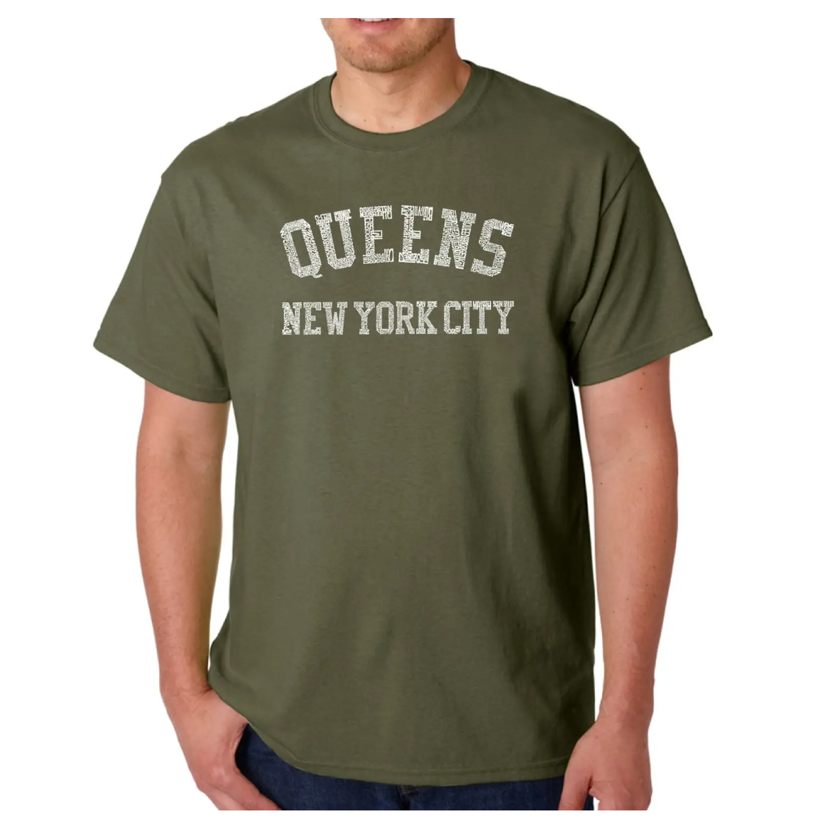 LA Pop Art Neighborhoods in Queens Tee- Olive