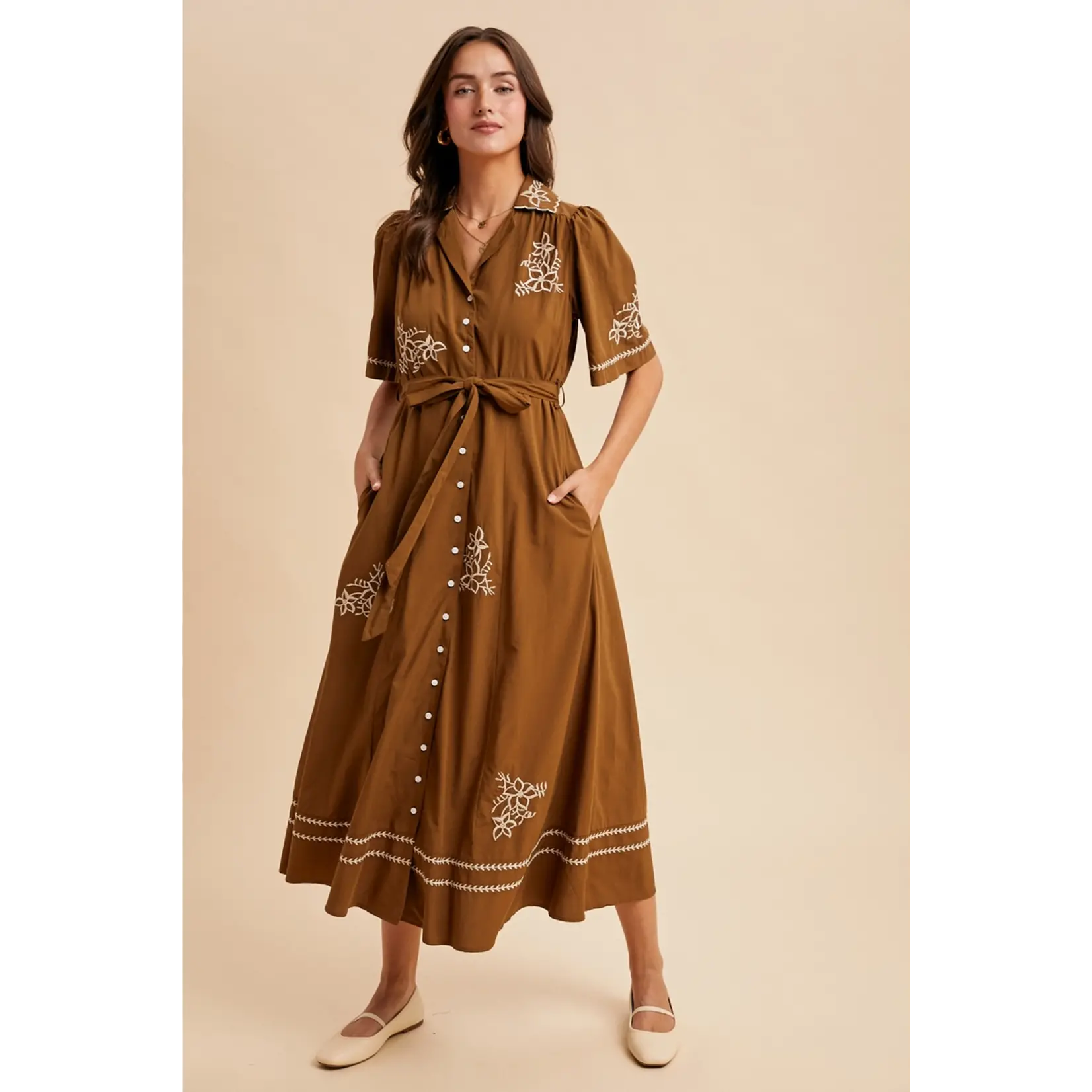 In Loom Embroidered Button Down Maxi CHESTNUT