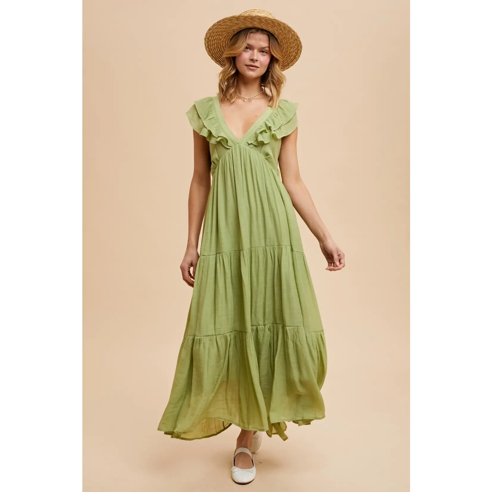 In Loom V Neck Ruffled Gauze Dress PISTACHIO FINAL SALE