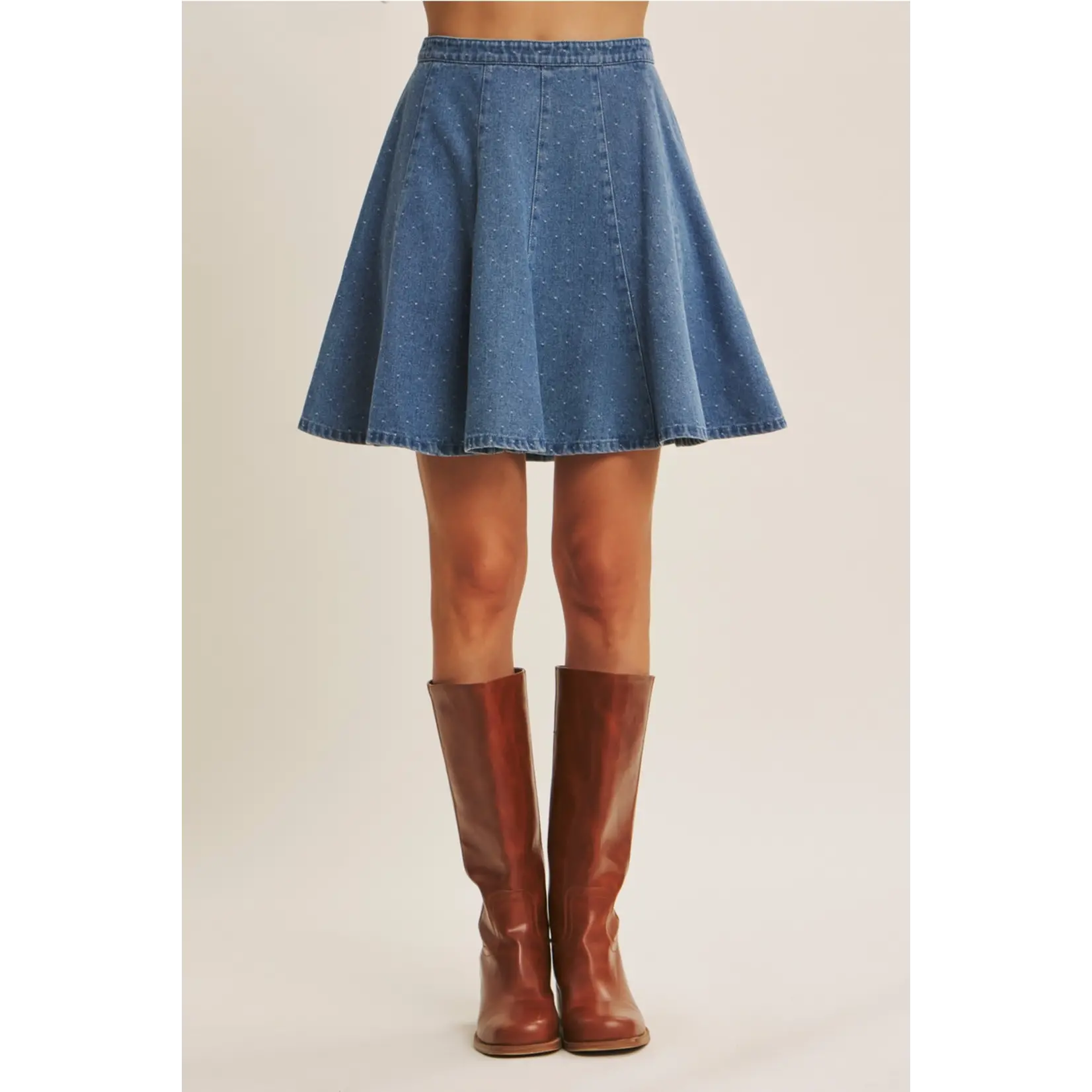 In February Dot Denim Flare Skirt- DENIM