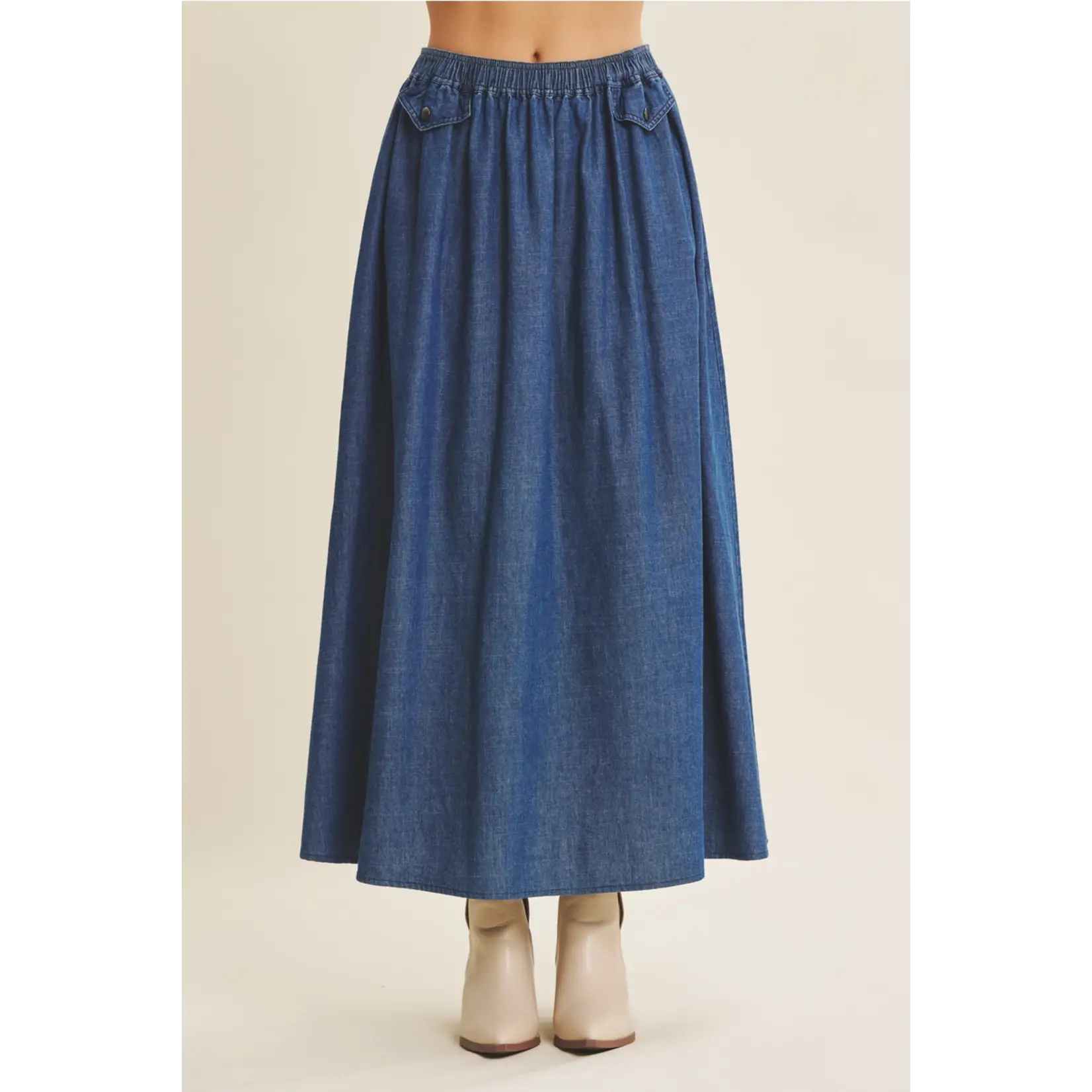 In February Washed Denim Flare Midi Skirt