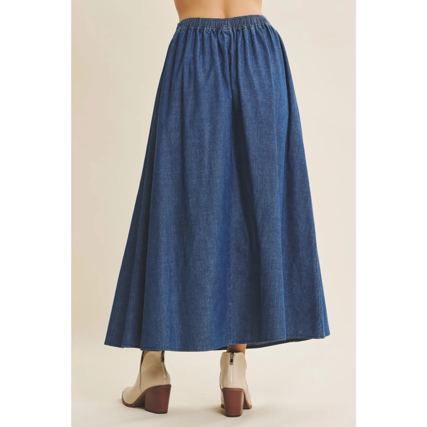 In February Washed Denim Flare Midi Skirt