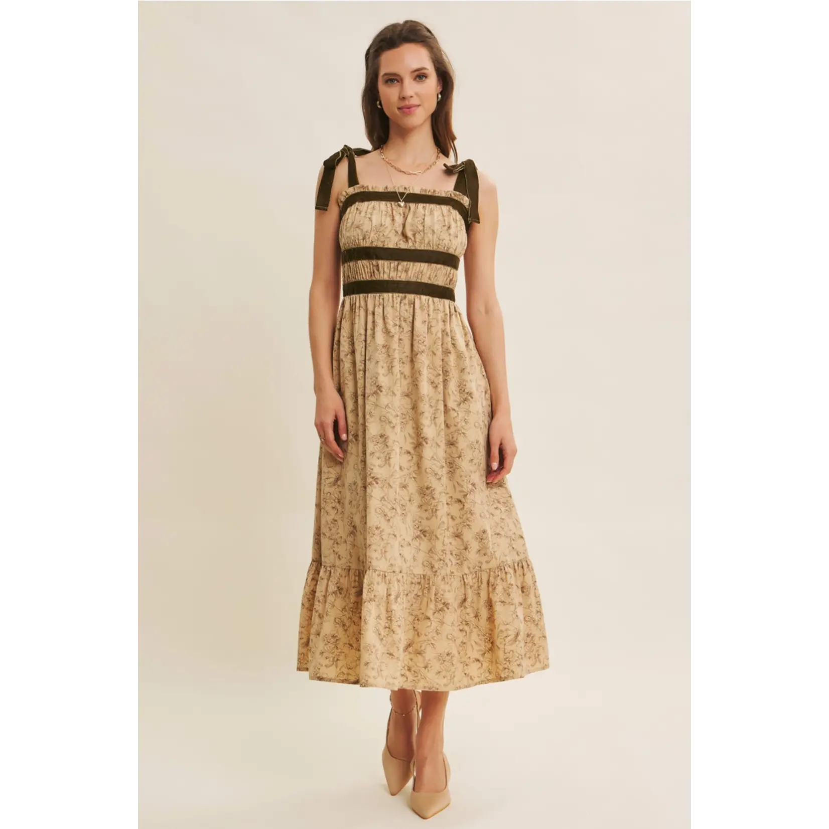 In February Velvet Tied Midi Dress ALMOND