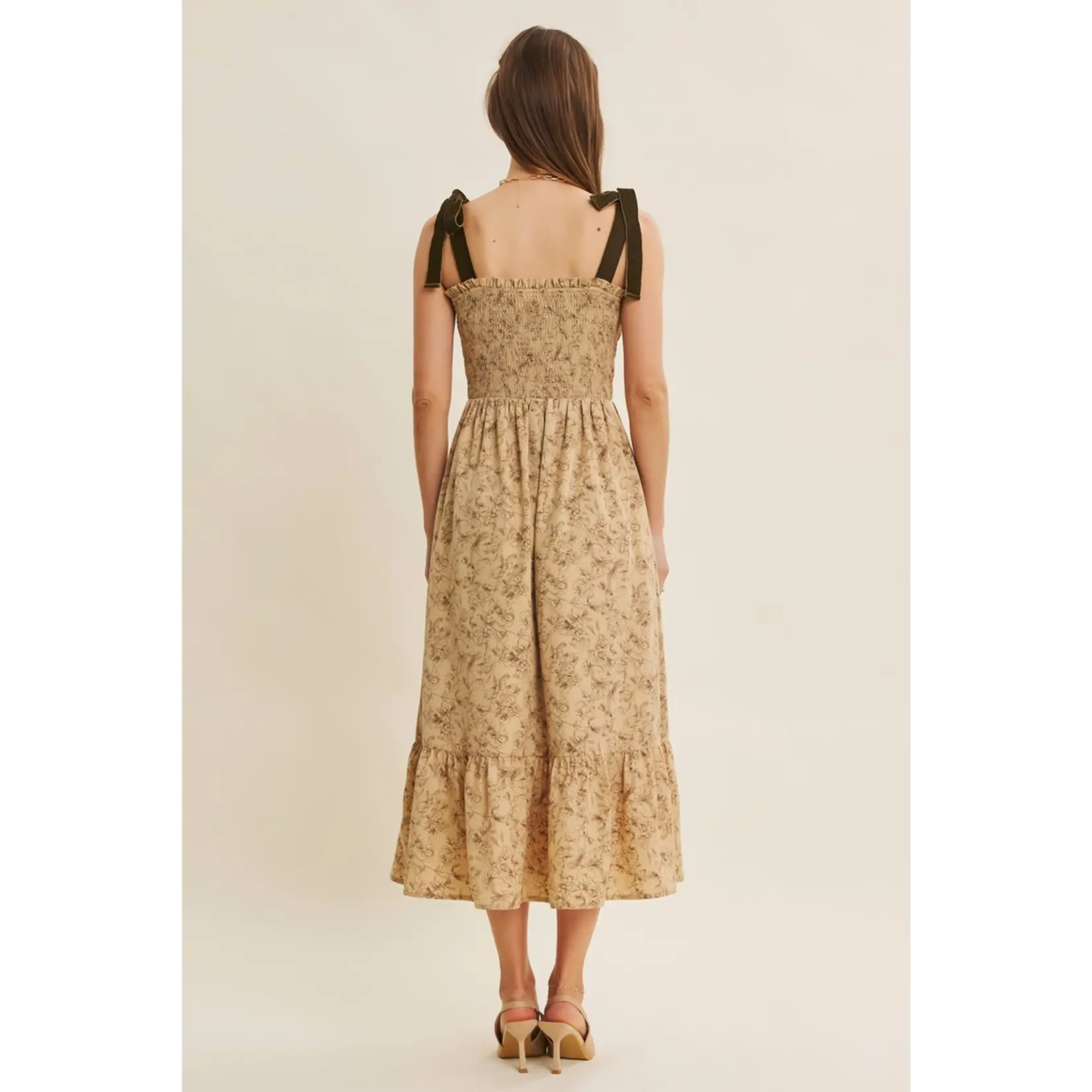 In February Velvet Tied Midi Dress ALMOND