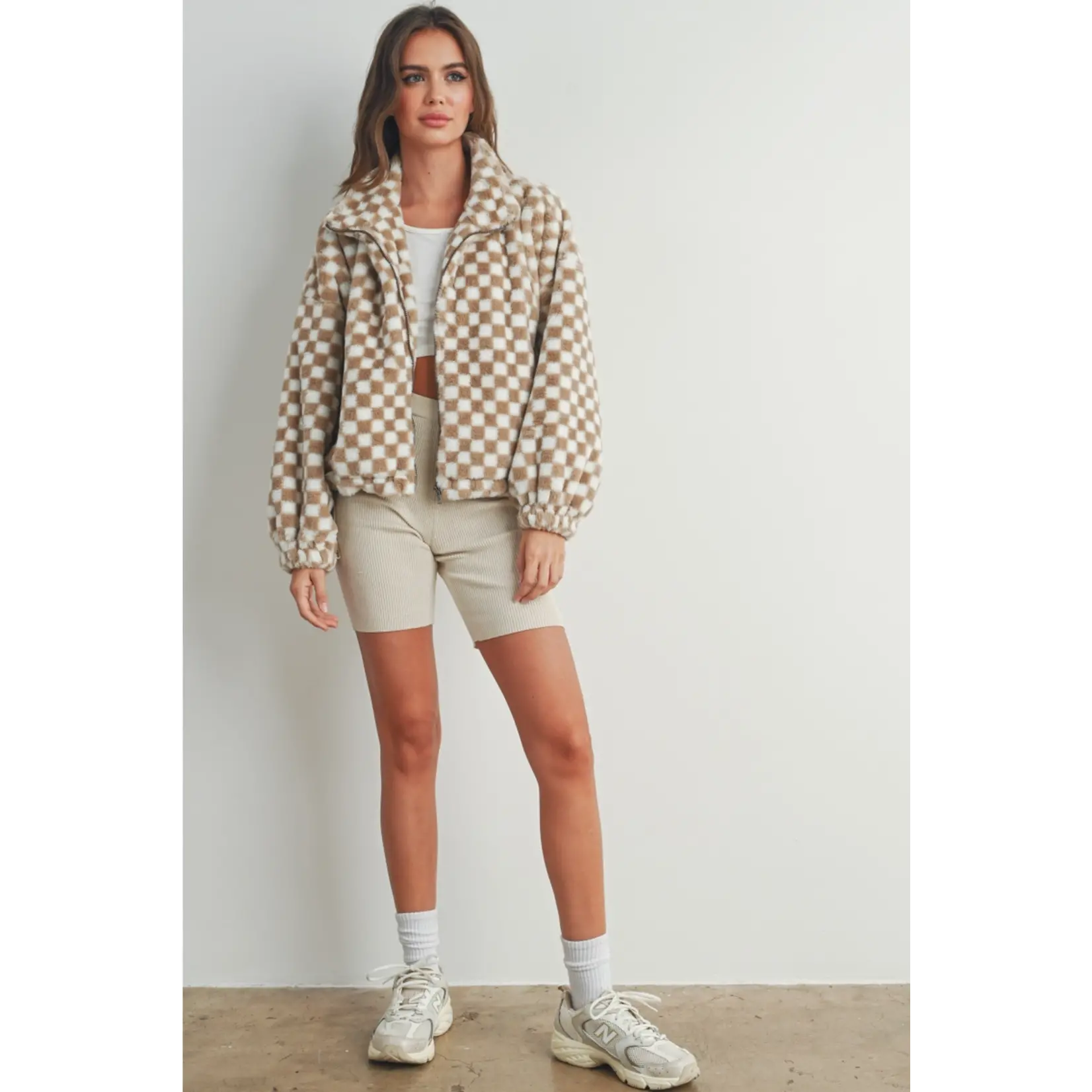 Buttermelon Checker Teddy Jacket-Taupe