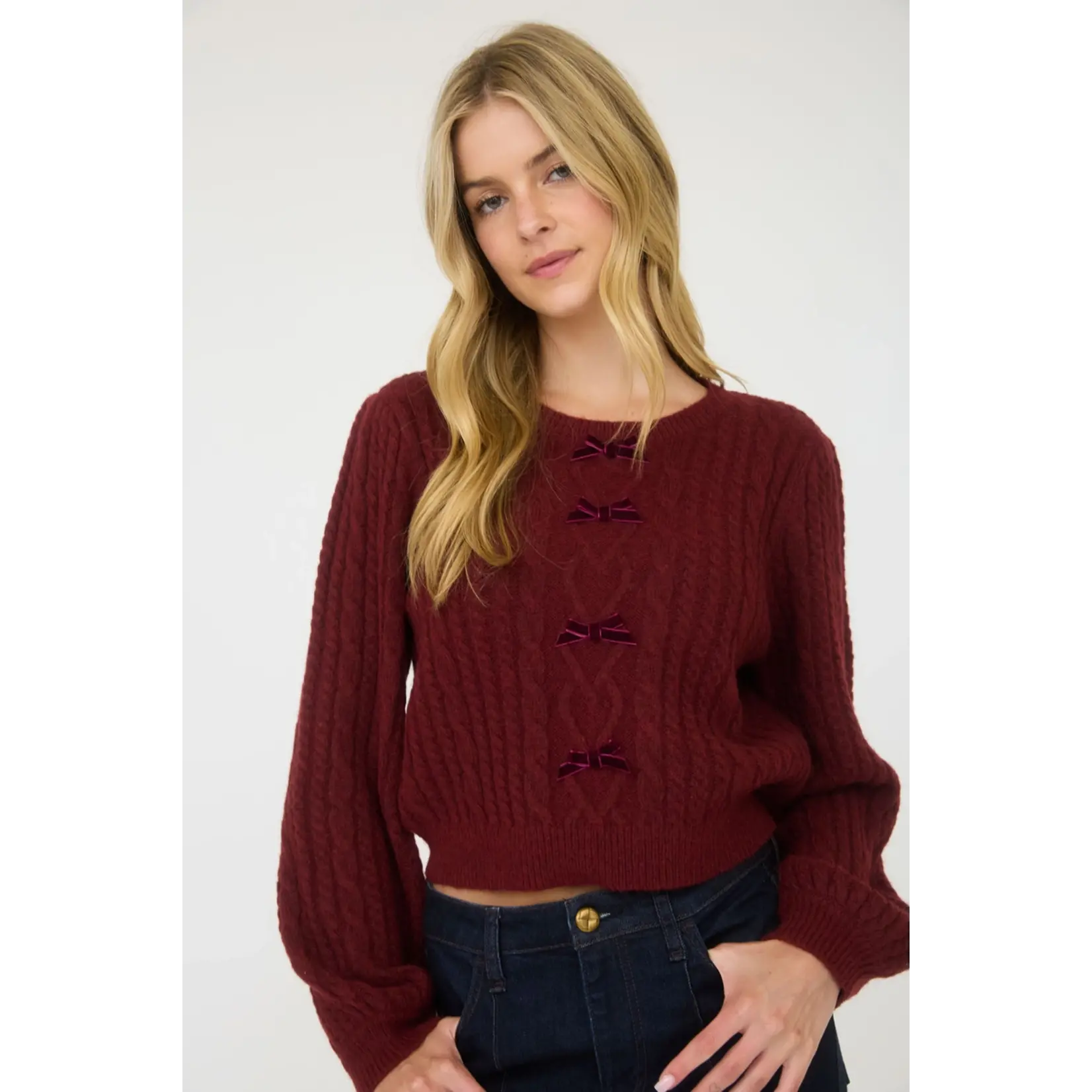 Blu Pepper Velvet Bow Sweater-BURGUNDY