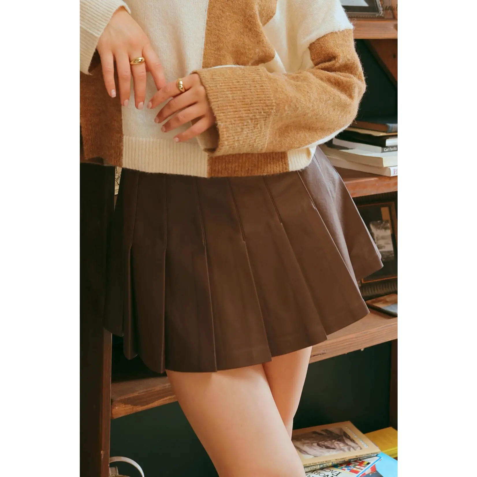 Blu Pepper Vegan Leather Mini Skirt-DARK BROWN